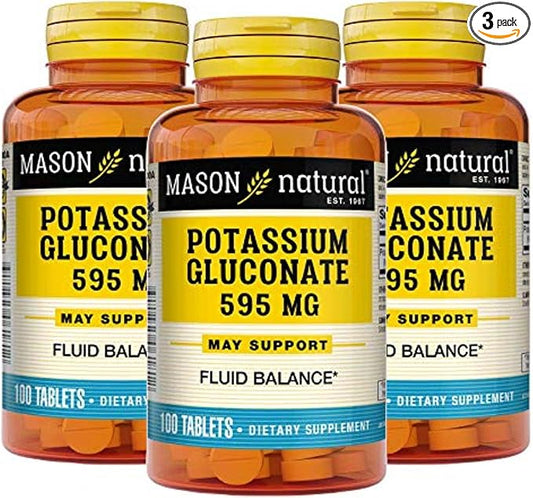 Mason Natural Potassium Gluconate 595 mg, 300 Day Supply, 100 Tablets (Pack of 3)