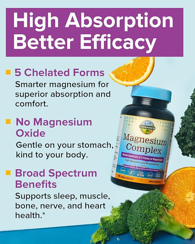 Terranics 5-in-1 Magnesium Complex Supplement 500mg - 5 Forms High Absorption Magnesium Glycinate Citrate Malate Aspartate Gluconate - Non-GMO 240 Vegan Magnesio Capsule for Sleep Muscle Heart Health