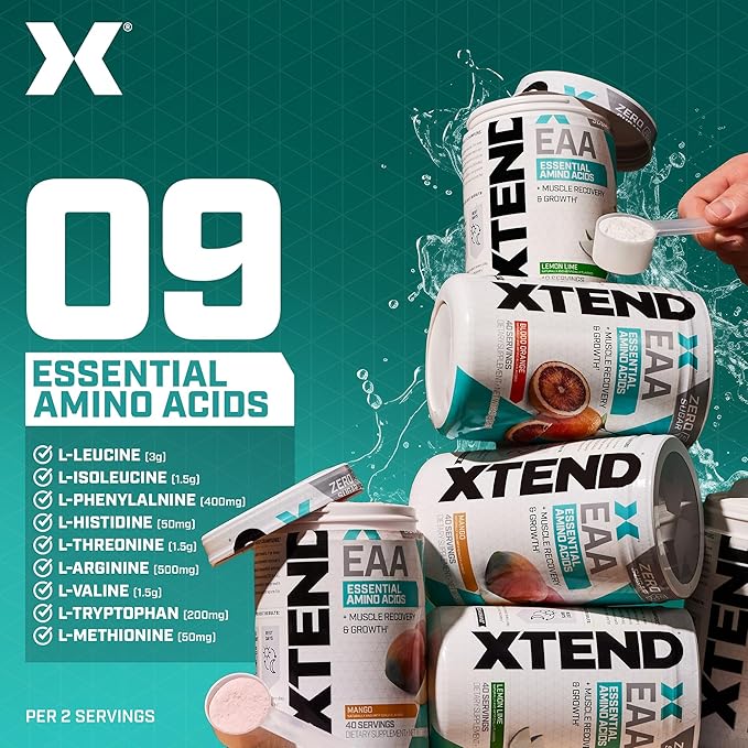 Scivation XTEND EAA + BCAA Powder | Muscle Recovery & Lean Muscle Growth | 9 Essential Amino Acids for Intra Workout or Post Workout Recovery | 10g EAAs Per 2 Servings | Lemon Lime 40 Servings