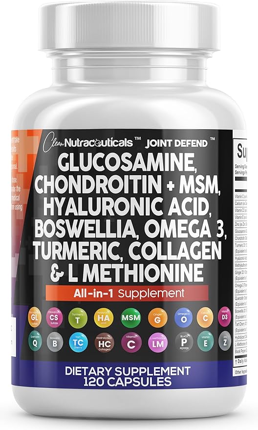 Clean Nutraceuticals Glucosamine Chondroitin MSM Turmeric Hyaluronic Acid Boswellia Collagen Tart Cherry - Joint Support Supplement Omega 3 Pills Ginger Quercetin Capsules - 120 Count USA