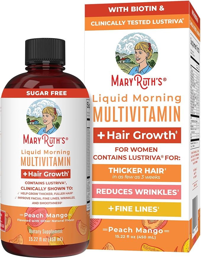 MaryRuth Organics Liquid Multivitamin Lustriva® Hair Growth for Women| Biotin 10000mcg | Vitamin D, B |Clinically Tested for Thicker Hair, Wrinkles, Fine Lines, Skin Care| Ages 18 | 15.22 Fl Oz