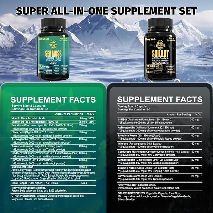 Boysea.Shilajit and Sea Moss Bundle - Sea Moss (7000mg), Ashwagandha (2000mg), Black Seed Oil (4000mg), Ginger & Shilajit (9000mg), Rhodiola Rosea (1000mg) – 90 Count (4 Pack)