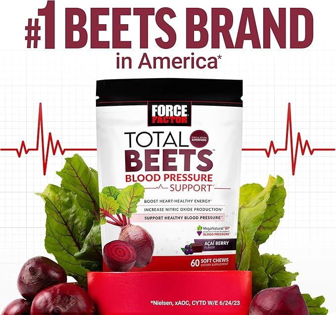 FORCE FACTOR Total Beets Blood Pressure Support Supplement, Beets Supplements with Beets Powder, Great-Tasting Beets Chewables for Heart-Healthy Energy, and Increased Nitric Oxide, 180 Chews, 3-Pack