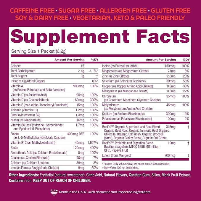 Root'd Multivitamin Powder for Women - 25 Vitamins & Minerals with 3X Electrolytes, 9 Organic Superfoods, Probiotics & Enzymes, Sugar-Free Multivitamin & Hydration | 24 Vitamin Drink Mix Packets