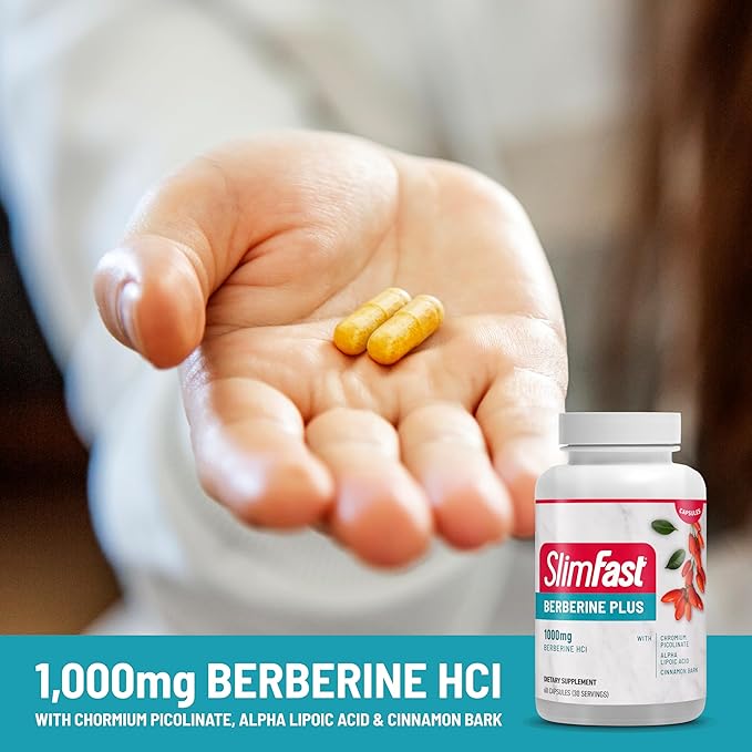 SlimFast Berberine Plus Capsules, Berberine Supplement, with Berberine hcl, Chromium Picolinate, Alpha Lipoic Acid, and Cinnamon Bark, 60 Count, 30 Servings