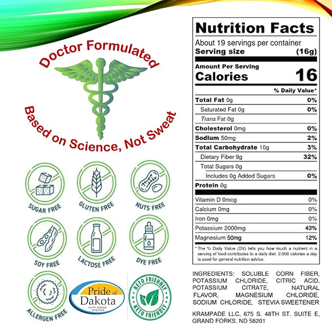 Fiber Supplement Electrolytes Powder - 9g Prebiotic Fiber + 2000mg Potassium Supplement + Magnesium | Cramp Relief | Hydration Packets| Digestive Health Support