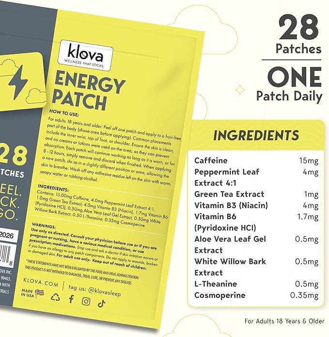 Klova Energy Patches with Caffeine, Green Tea Extract, Peppermint Leaf Extract, Vitamin B3 and Vitamin B6 - for Enhanced Morning Wakefulness