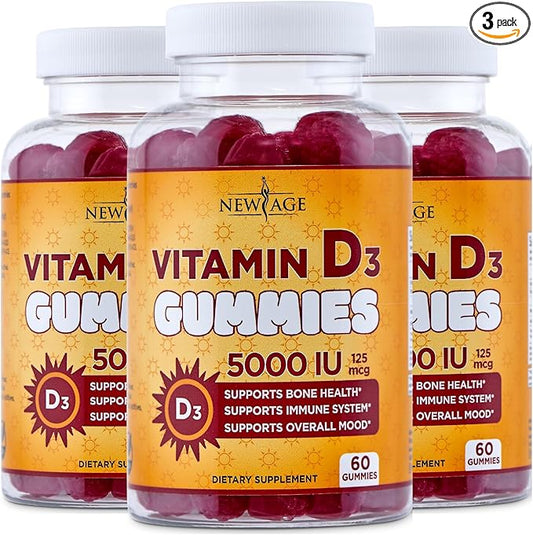 NEW AGE Vitamin D3 5000 IU 125mcg Gummies - Support Immune Support, Strong Bone Health - Non-GMO, Gluten-Free, Dairy-Free, No Gelatin (180 Gummies (Pack of 3))