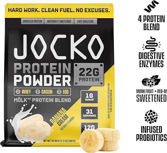 Jocko Mölk Whey Protein Powder 22g Sugar Free Monk Fruit Blend - Muscle Recovery & Growth, Packaging May Vary (31 Servings, Banana Cream)