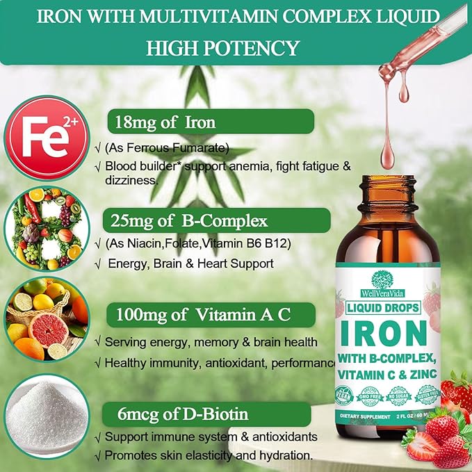 [𝟐 𝐏𝐚𝐜𝐤]Iron supplement for Women, Men & Kids, Liquid High Potency Iron w. Vitamin C, B12, B-Complex, Blood Builder Iron Supplements for Anemia, Fatigue, Red Blood Cell Support, Vegan, Gentle