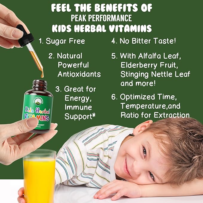Kids Vitamins From Herbs. Liquid Kids Herbal Multivitamin. No Bitter Taste. Sugar Free 14-in-1 Vegan Supplement Drops For Toddlers, Kids, Children, Teens. Mixed In Water Kids Won't Even Taste It