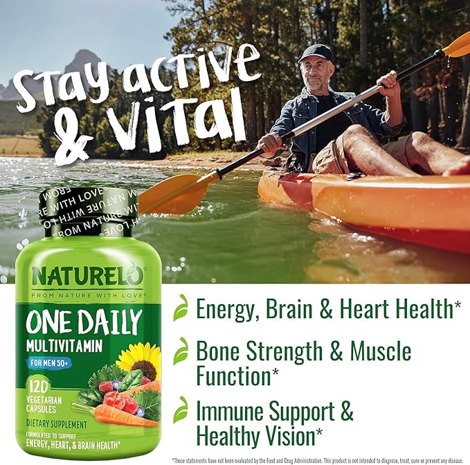 NATURELO Mens Multivitamins for Men 50+ - One Daily Multivitamin for Men with Vitamins, Minerals & Organic Whole Foods, Boost Energy & Health, Non-GMO, 120 Vegetarian Capsules