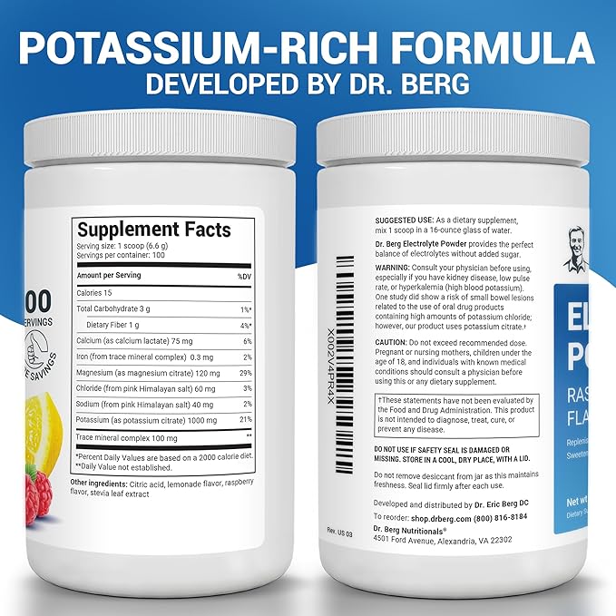 Dr. Berg Zero Sugar Hydration Keto Electrolyte Powder - Enhanced w/ 1000 mg of Potassium & Real Pink Himalayan Salt (NOT Table Salt) - Raspberry & Lemon Flavor Hydration Drink Supplement, 100 Servings