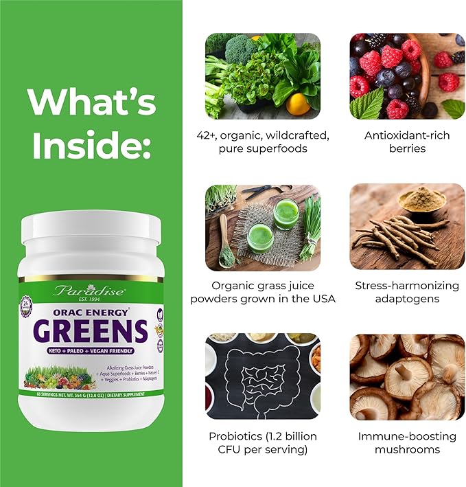 Paradise, ORAC Energy Greens Powder Extract, Super Antioxidants, Probiotics for Gut Health & Digestion, Vitamin C for Immunity, with Spirulina & Chlorella, Non-GMO, Gluten Free, 60 Servings