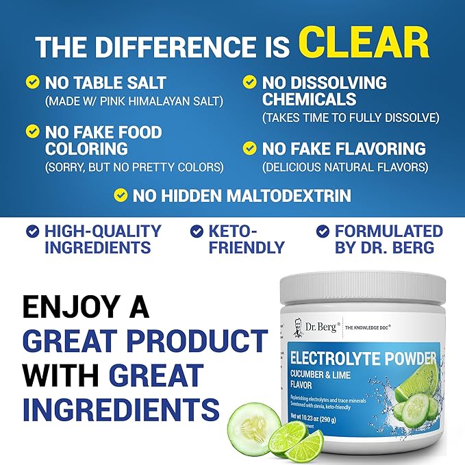 Dr. Berg Zero Sugar Hydration Keto Electrolyte Powder - Enhanced w/ 1000 mg of Potassium & Real Pink Himalayan Salt (NOT Table Salt) - Cucumber Lime Flavor Hydration Drink Mix Supplement - 50 Servings