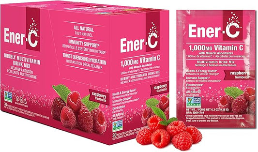 Ener-C Raspberry Multivitamin Drink Mix Powder Vitamin C 1000mg & Electrolytes with Real Fruit Juice Natural Energy & Immune Support for Women & Men - Non-GMO Vegan & Gluten Free - 30 Count