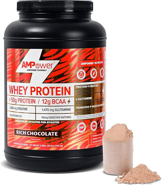 Chocolate Whey Protein Powder | Scientifically-Designed Optimum Muscle Stack, Gut, Brain, Immune | Protein, BCAA, Creatine, L-Glutamine, Probiotics, Digestive Enzymes | Rich Chocolate, 38.9oz