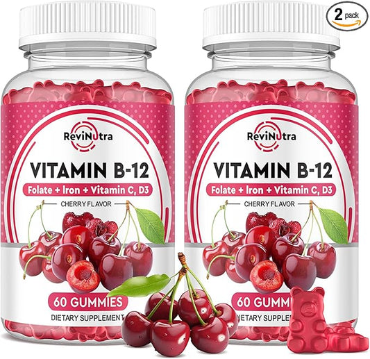Vitamin B12 Gummies - 5000 mcg Methylcobalamin with Iron, Vitamin C, D3 & Folate, Energy Support and Metabolism, Immune, B-12 Complex Chewable Supplement for Men & Women, 120 Count, 2 Pack