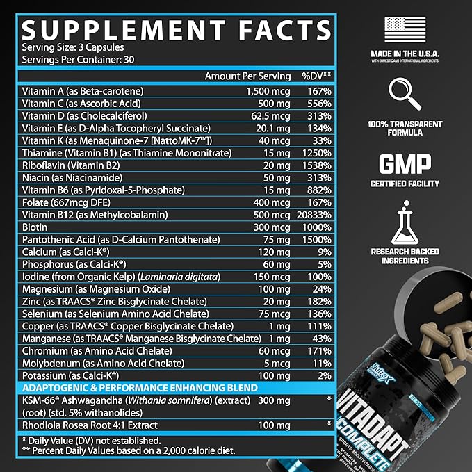 Nutrex Research Vitadapt Complete Sports Multivitamin for Men - 24 Vitamins, KSM-66 Ashwagandha and Minerals for Athletes - Mens Multivitamin (90 Capsules)