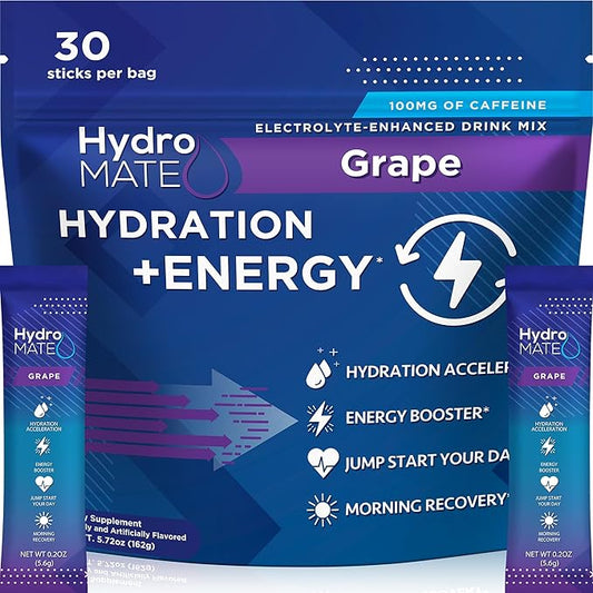 NatureWorks HydroMATE Electrolytes Powder Drink Mix Packets Hydration Accelerator Low Sugar Rapid Party Relief Recovery Vitamin C Plus Grape Pack 30 Count