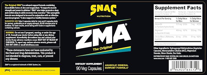 SNAC ZMA The Original Recovery & Sleep Supplement, Promotes Muscle Recovery, Immune Support & Restorative Sleep with Zinc, Magnesium & Vitamin B6 (90 Veggie Capsules)