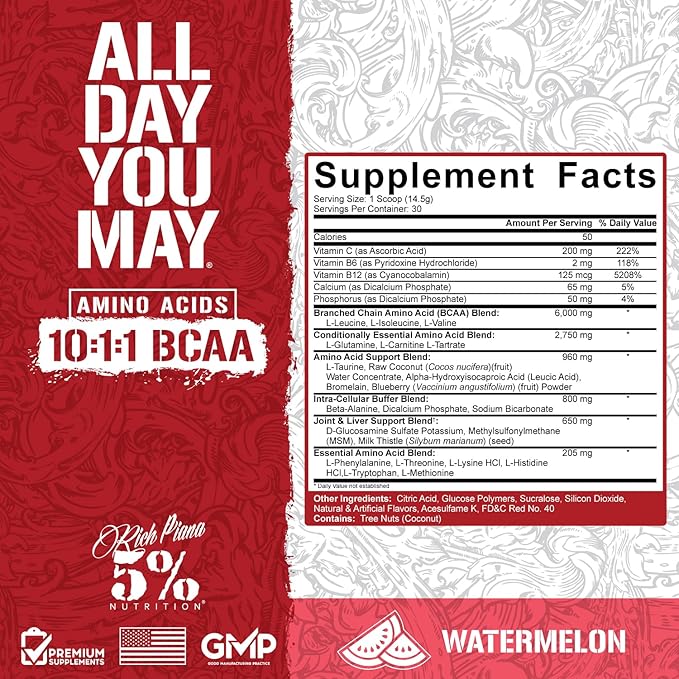 5% Nutrition Rich Piana AllDayYouMay BCAA Powder | Premium Intra & Post Workout Amino Acids, Hydration, Endurance, Muscle Recovery, Joint & Liver Support | 15.3 oz, 30 Servings (Watermelon)
