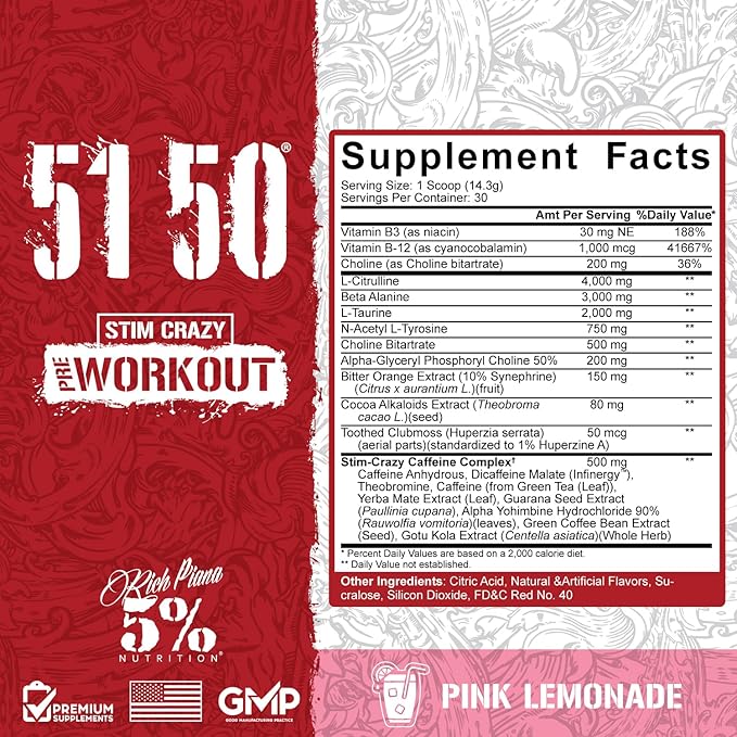 5% Nutrition Rich Piana 5150 High Stim Pre-Workout Powder | Extreme Energy, Focus, Pumps & Endurance | 400 mg Caffeine, Citrulline, Beta Alanine, N-Acetyl L-Tyrosine | 30 Srvgs (Pink Lemonade)