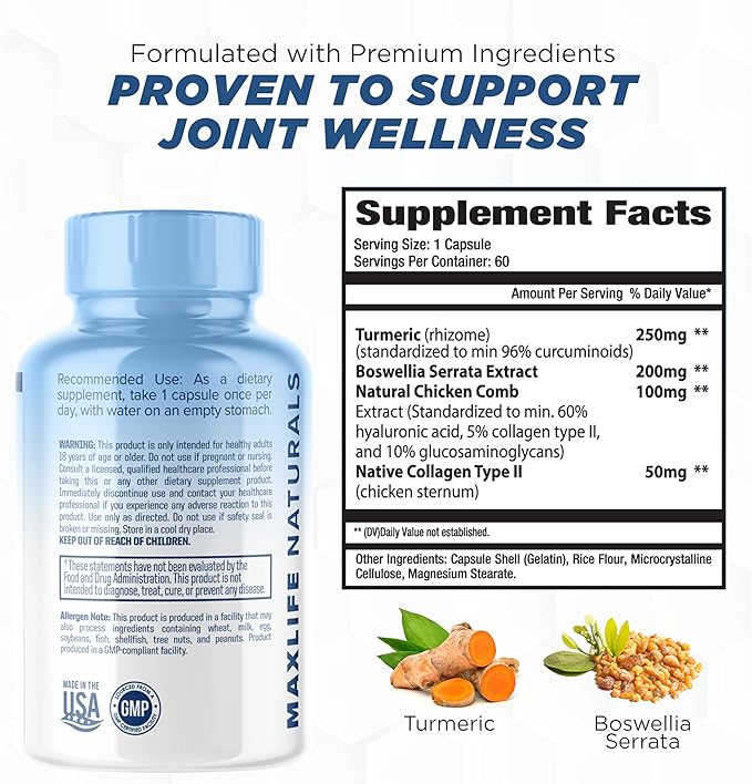 Advanced Joint Support Supplement for Men & Women - Joint Health Supplement - Flexibility & Strength - Discomfort Relief - 60 Servings with Type II Collagen, Turmeric Curcumin, Boswellia Serrata