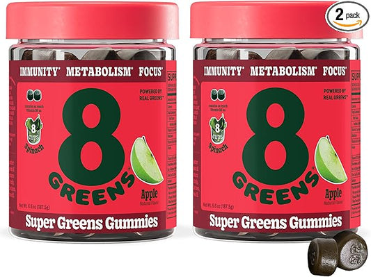 8Greens Supergreens Gummies | Super Greens Powder Superfood Gummy for Metabolism, Immunity & Focus, Digestive Health Enzymes, Organic: Chlorella, Spirulina, Aloe Vera, Apple Flavor, 100 Count