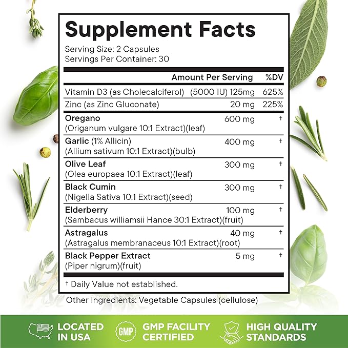 Oregano Oil 6000mg Garlic Extract 4000mg Olive Leaf 3000mg Black Seed Oil 3000mg Astragalus-Immune Support & Digestive Health Supplement for Women and Men- 60 Count