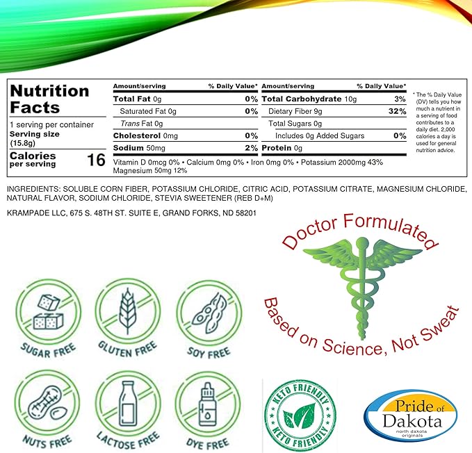Fiber Supplement Electrolytes Powder - 9g Prebiotic Fiber + 2000mg Potassium Supplement + Magnesium | Cramp Relief | Hydration Packets| Digestive Health Support