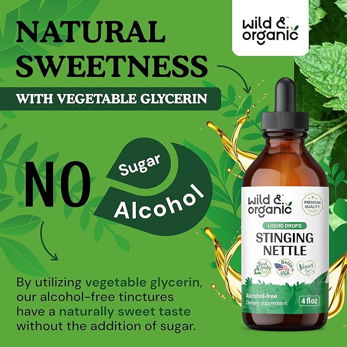 Wild & Organic Stinging Nettle Tincture - Stinging Nettle Root Extract Drops - Nettle Root Herb Tincture - Vegan, Alcohol Free Supplement - 4 fl oz