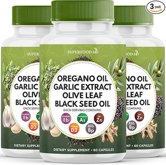 Oregano Oil 6000mg Garlic Extract 4000mg Olive Leaf 3000mg Black Seed Oil 3000mg Astragalus-Immune Support & Digestive Health Supplement for Women and Men- 180 Count
