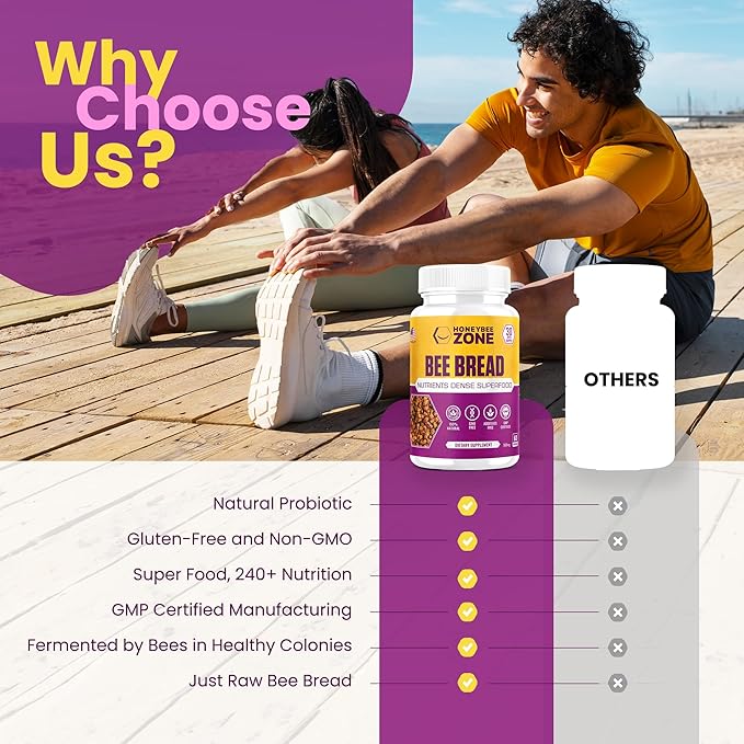 Bee Bread Supplement 100% Natural Raw Bee Bread in Veggie Caps Fermented Pollen Multivitamin, Probiotic Superfood, Vital Proteins, Amino Acids, Immune Support & Energy 60 Perga Capsules