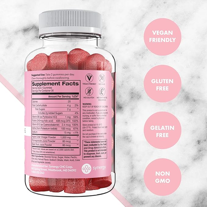 Flat Tummy Apple Cider Vinegar Gummies, 60 Count (5 Pack) – ACV Gummies, Detox, Support Gut Health – Vegan-Friendly, Non-GMO - Beet and Pomegranate Superfood Powders, Vitamins B6, B9 & B12