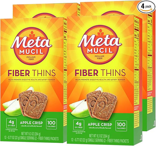 Metamucil, Fiber Thins, Daily Psyllium Husk Fiber Supplement, Supports Digestive Health and Satisfies Hunger, Apple Crisp Flavor, 48 Total Servings (4 Packs of 12)