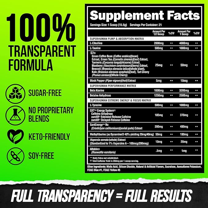 ALPHA LION Superhuman Extreme Pre Workout Powder, Beta Alanine, L-Taurine & Tri-Source Caffeine for Sustained Energy, Nitric Oxide & Citrulline for Pump (21 Servings, Sour Gummy Bear Flavor)
