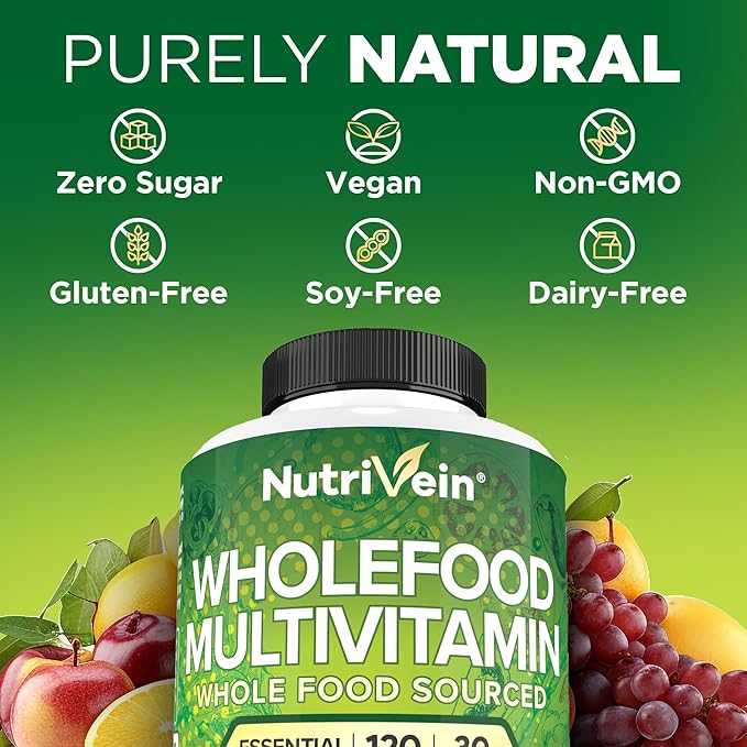 Nutrivein Whole Food Multivitamin - Complete Daily Vitamins for Men and Women from Natural Whole Foods, Real Raw Veggies, Fruits, Vitamin E, A, B Complex - 30 Day Supply (120 Capsules, Four Daily)
