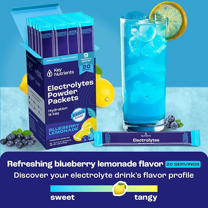 KEY NUTRIENTS Multivitamin Electrolytes Powder Packets - Delicious Blueberry Lemonade 20 Pack Hydration Packets - Travel Hydration Powder - No Sugar, No Calories, Gluten Free - Made in USA