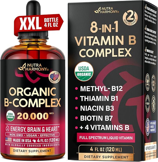 USDA Organic Vitamin B-Complex B5 Pantothenic Acid | B12 Methylcobalamin | B1 Thiamine | B6 Pyridoxine | B7 Biotin | B9 Folic | B3 Niacinamide - B Complex Liquid Drops, Made in USA Supplement, 4fl oz