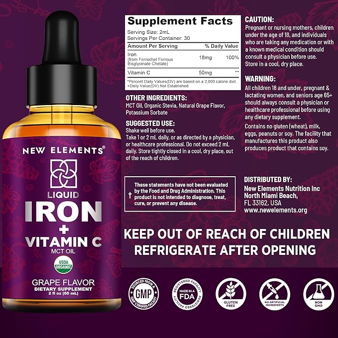 [2 𝐏𝐚𝐜𝐤] Liquid Iron Supplement for Women & Men with Vitamin C 50 mg and Iron 18 mg | Blood Builder for Anemia | Iron Drops | Blood Levels | Immune Support | Non-GMO | Vegan | Gluten-Free