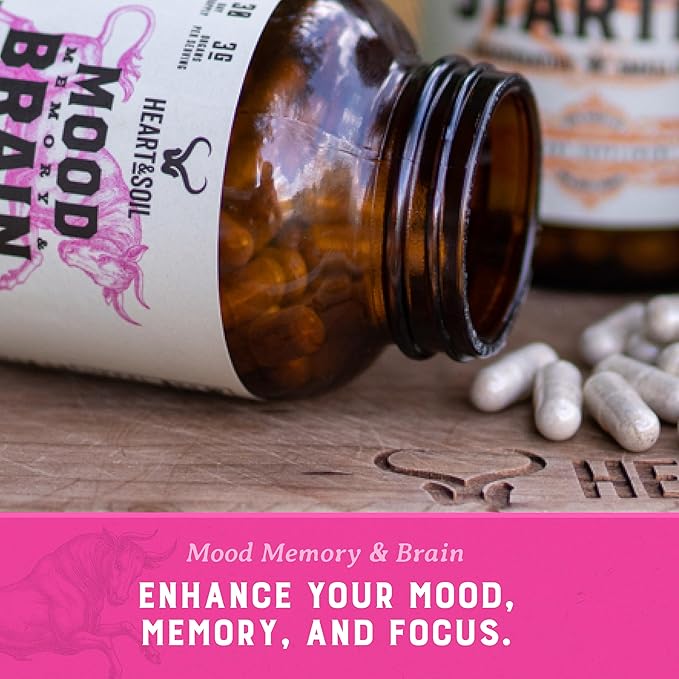 HEART & SOIL - Mood, Memory & Brain Supplement - Brain Support - Enriched with DHA/EPA, Choline, B12, Folate, Riboflavin, Selenium & Copper - Brain Supplements for Memory and Focus - 180 Capsules