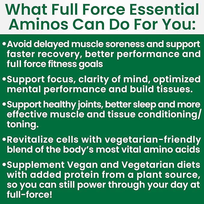 Full Force Amino Acid Supplement, Tissue Building Essential Amino Acids for Workout Recovery. Amino Acids for Performance 5000mg 200 EAA BCAA Tablets