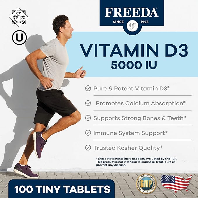 FREEDA Vitamin D3-5000 IU - Pure High Potency Kosher Supplement Tablets - Bone and Muscle Health, Calcium Absorption, Immune Support for Men and Women* - 100 Count
