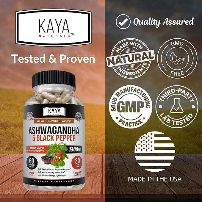Kaya Naturals Organic Ashwagandha Capsules Extra Strength - Stress Relief Formula, Natural Mood Support, Stress, Focus, and Energy Support Supplement, 60 Capsules