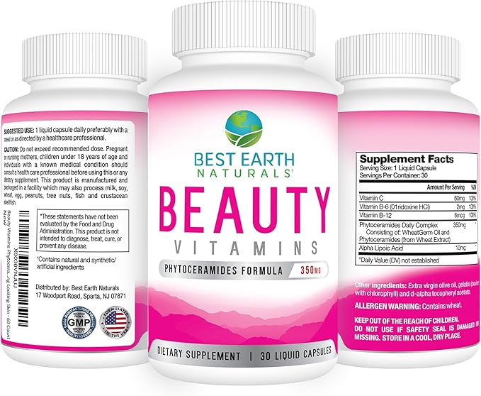 Best Earth Naturals Beauty Vitamins Phytoceramide Pills - Skin Hydrating Support Supplement with Alpha Lipoic Acid and More to Help Promote Hydrated Skin - 30 Count
