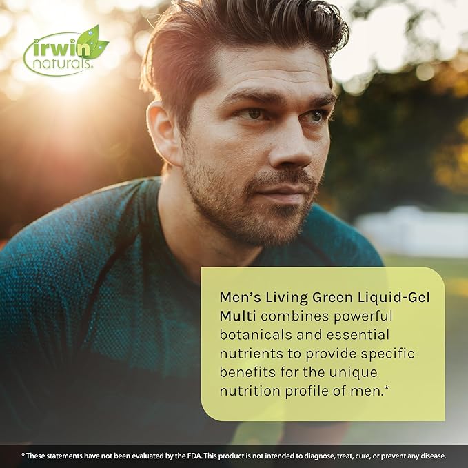 Irwin Naturals Men's Living Green Liquid-Gel Multi - 70 Essential Nutrients, Full-Spectrum Vitamins, Wholefood Blend - Targeted Adrenal & Brain Support - 90 Liquid Softgels