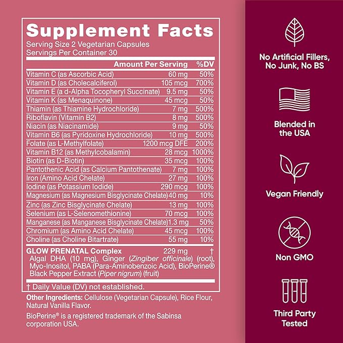 Glow Prenatal Vitamins for Women – 20-in-1 Vital Nutrients for Healthy Pregnancy and Fetal Development – Folic Acid & Vegan DHA For Baby's Growth & A Comfortable Pregnancy – 60 Nourishing Capsules