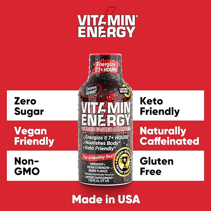 Pre Workout Vitamin Energy Drink - Keto Friendly Sugar Free Shots | Natural Clean Green Tea Caffeine with Proprietary Endurance Blend | Energize up to 7+ Hours - Berry - 1.93 Fl Oz (Pack of 12)