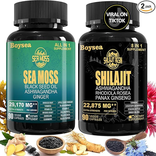 Boysea.Shilajit and Sea Moss Bundle - Sea Moss (7000mg), Ashwagandha (2000mg), Black Seed Oil (4000mg), Ginger & Shilajit (9000mg), Rhodiola Rosea (1000mg) – 90 Count (1 Pack)